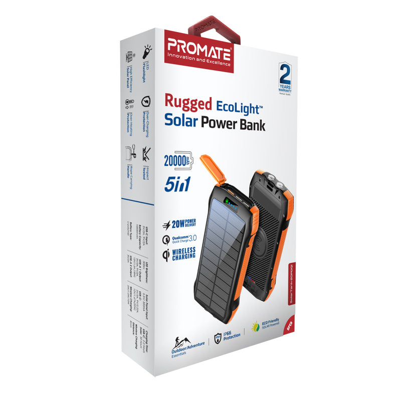 Promate Rugged EcoLight Solar PowerBank 20W 20000MAh